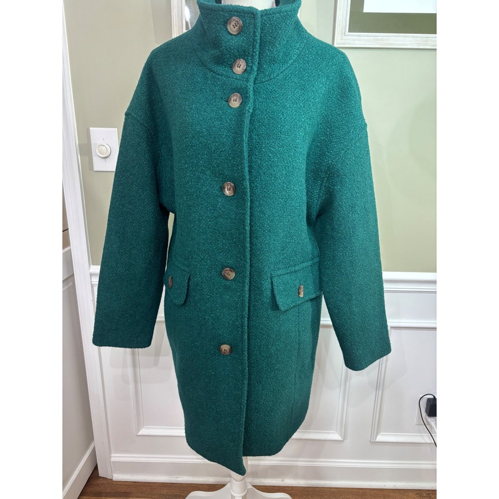 Talbots Green Wool Blend Boucle Funnel Neck Button Front Coat NWT Size M